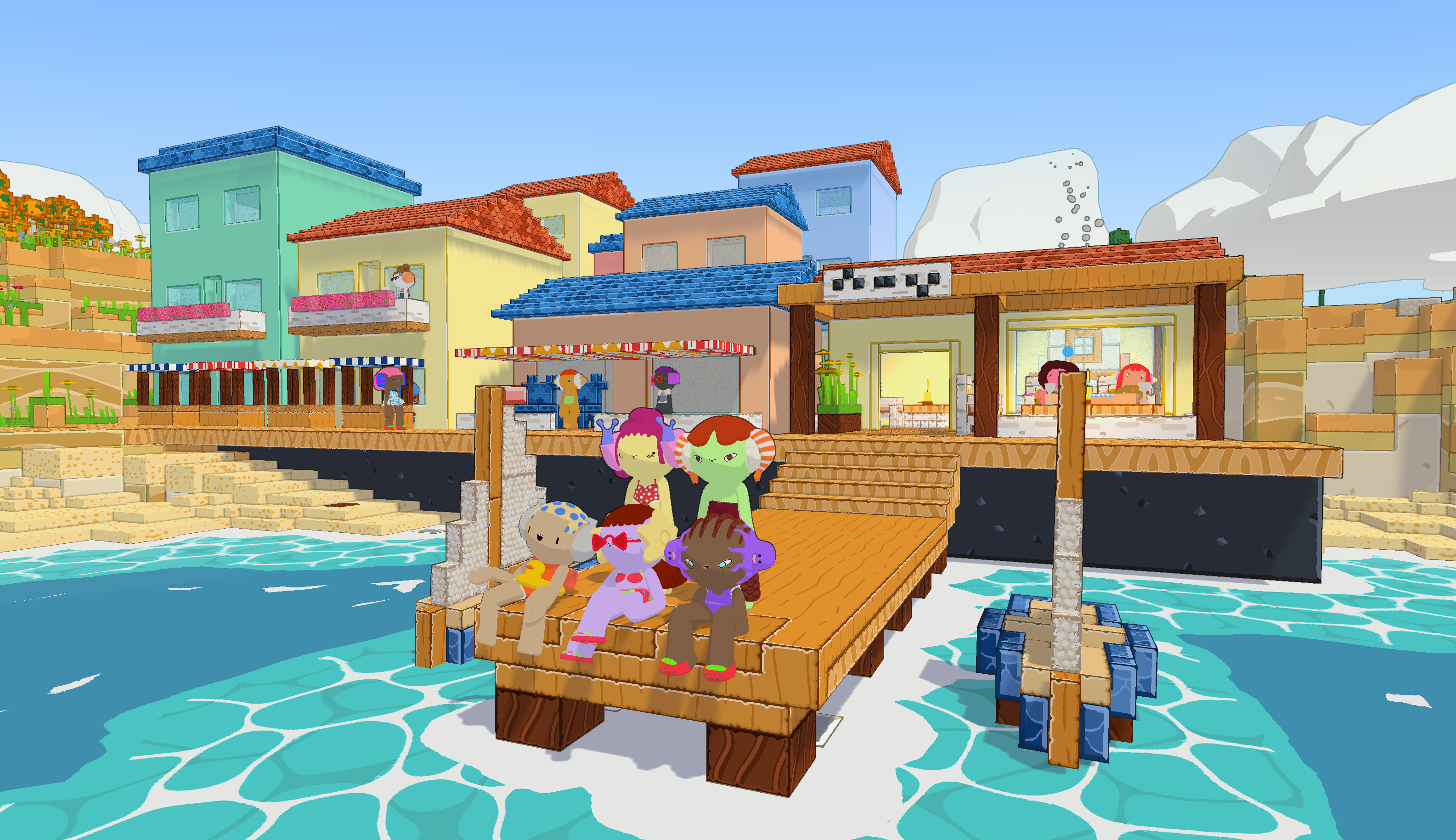 Cubit characters relaxing on a pier by the sea